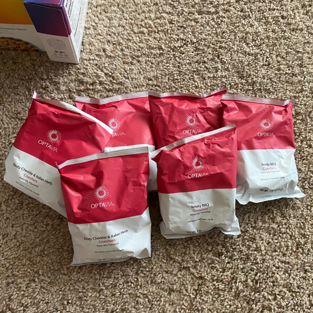 Optavia, 3 zesty cheddar and Italian herb crunchers, 3 smoky bbq crunchers